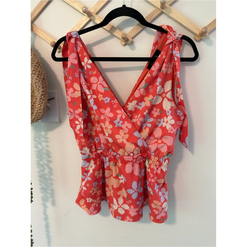 fab'rik Floral Surplice Peplum Tie Shoulder Top Medium Coral Red - Picture 4 of 8